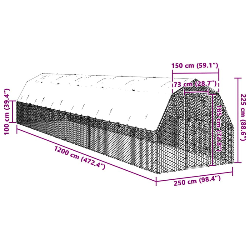 vidaXL Csirkekifutó tetővel 2,5x12x2,25 m horganyzott acél