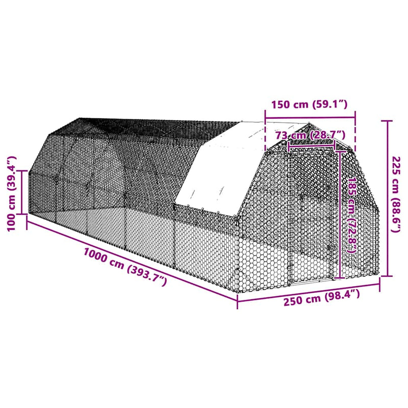 vidaXL Csirkekifutó tetővel 2,5x10x2,25 m horganyzott acél