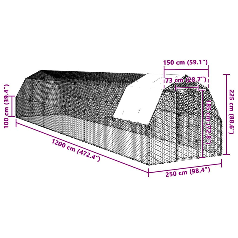 vidaXL Csirkekifutó tetővel 2,5x12x2,25 m horganyzott acél