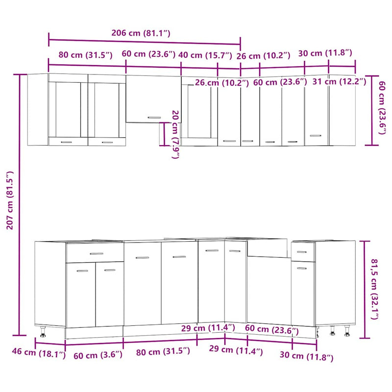 vidaXL Lyon 11 darabos konyhaszekrény készlet Kézműves tölgy műszaki fa