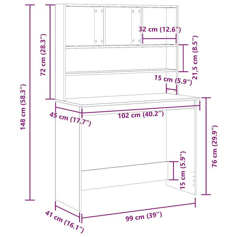 vidaXL fekete tölgy szerelt fa íróasztal polcokkal 102 x 45 x 148 cm