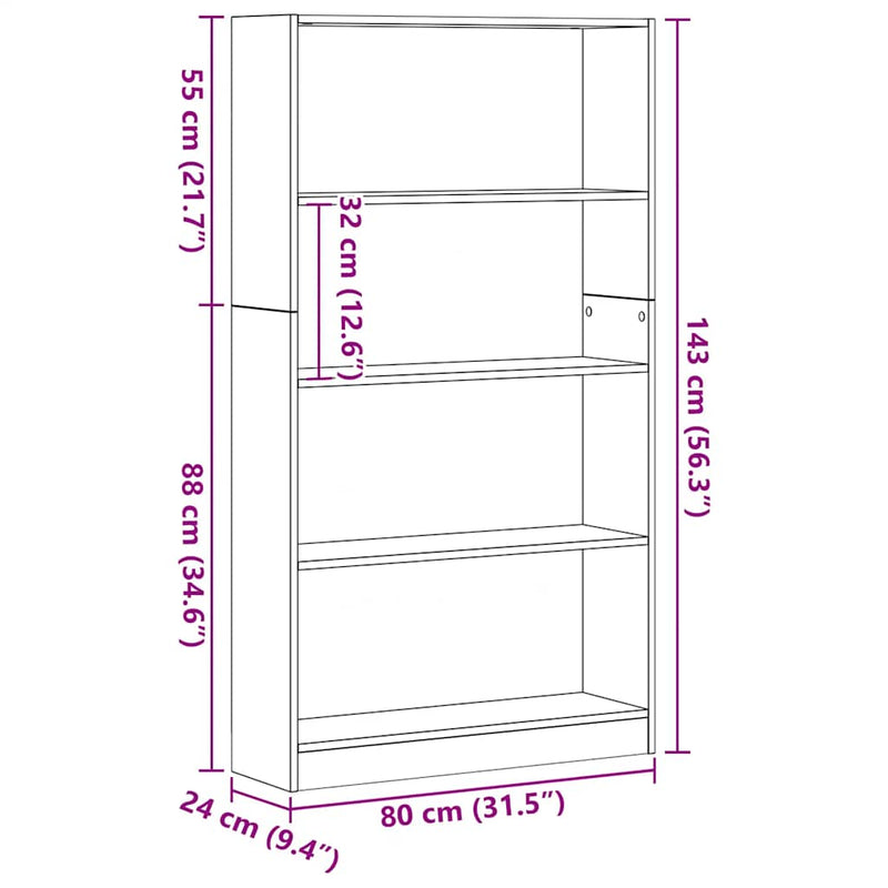 vidaXL 4 szintes fekete tölgy szerelt fa könyvespolc 80x24x143 cm