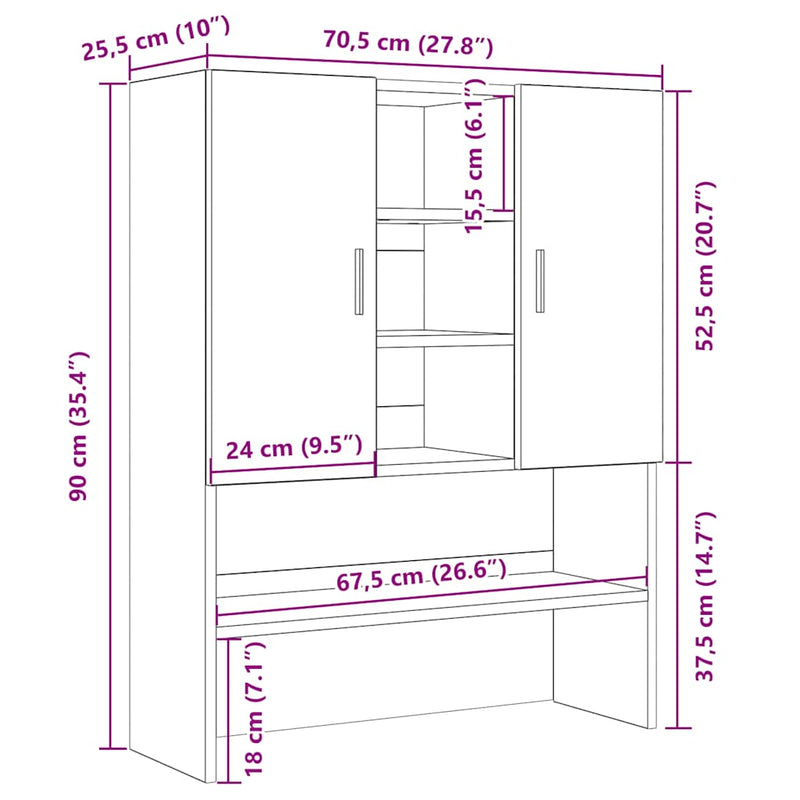 vidaXL fekete tölgy mosógépszekrény 70,5 x 25,5 x 90 cm