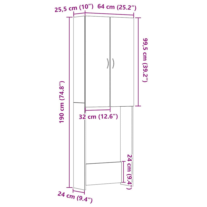 vidaXL fekete tölgy színű mosógépszekrény 64 x 25,5 x 190 cm