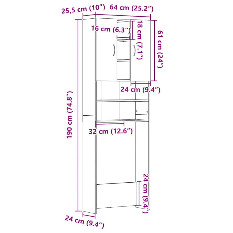 vidaXL fekete tölgy színű mosógépszekrény 64 x 25,5 x 190 cm