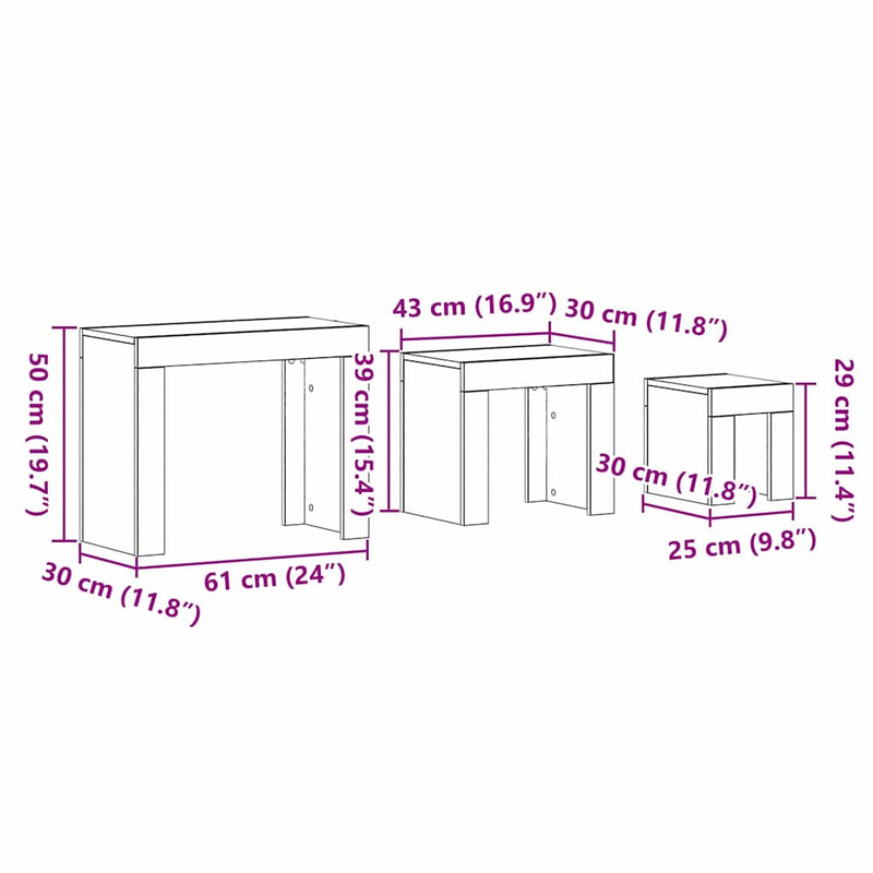 vidaXL Fészekasztal 3 pcs Musta tammi 61 x 30 x 50 cm Faanyag