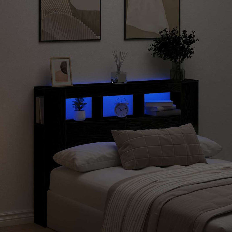vidaXL LED ágytámla Musta tammi 140 x 18,5 x 103,5 cm Faanyag