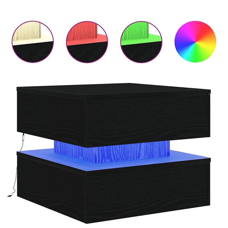 vidaXL fekete tölgyszínű dohányzóasztal LED-lámpákkal 50 x 50 x 40 cm