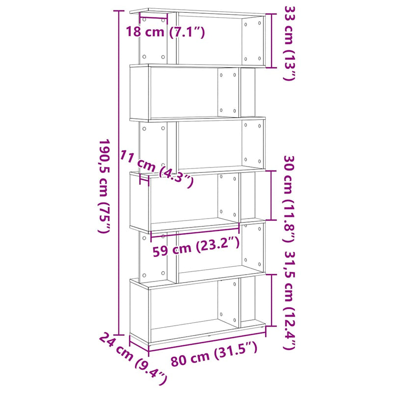 vidaXL fekete tölgy szerelt fa könyvespolc 80x24x190,5 cm