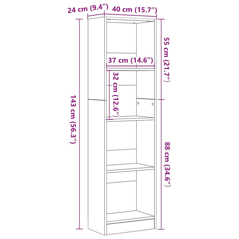 vidaXL fekete tölgy szerelt fa könyvespolc 40x24x143 cm