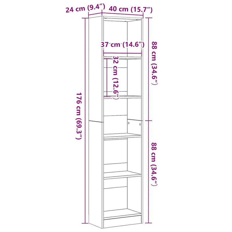 vidaXL fekete tölgy szerelt fa könyvespolc 40x24x176 cm