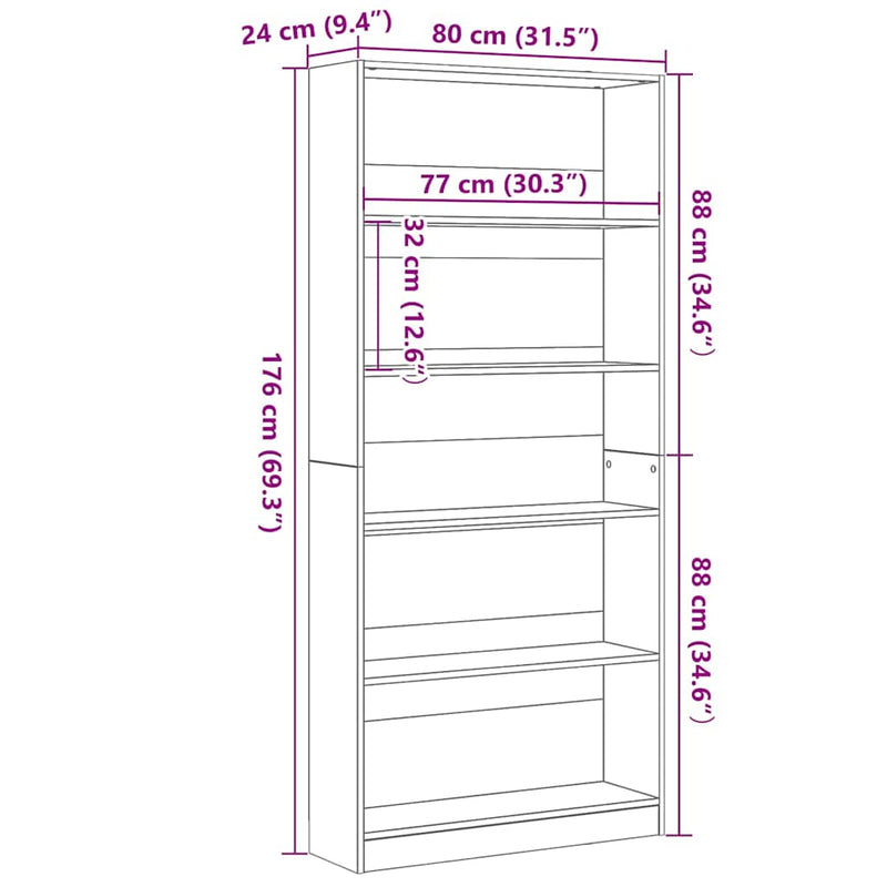 vidaXL fekete tölgy szerelt fa könyvespolc 80x24x176 cm
