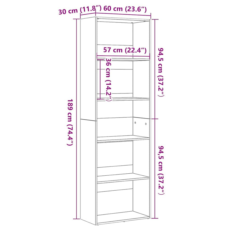 vidaXL fekete tölgy színű szerelt fa könyvespolc 60 x 30 x 189 cm