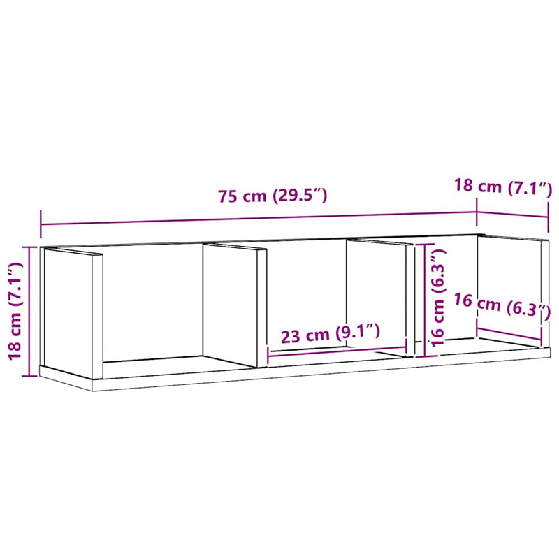 vidaXL Falpolc polcokkal Fekete tölgy 75 x 18 x 18 cm Faanyag