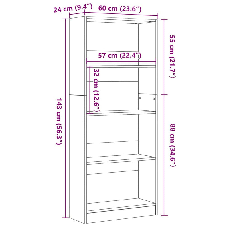 vidaXL Könyvespolc Fekete tölgy 60 x 24 x 143 cm Faanyag