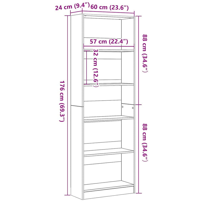 vidaXL Könyvespolc Fekete tölgy 60 x 24 x 176 cm Faanyag