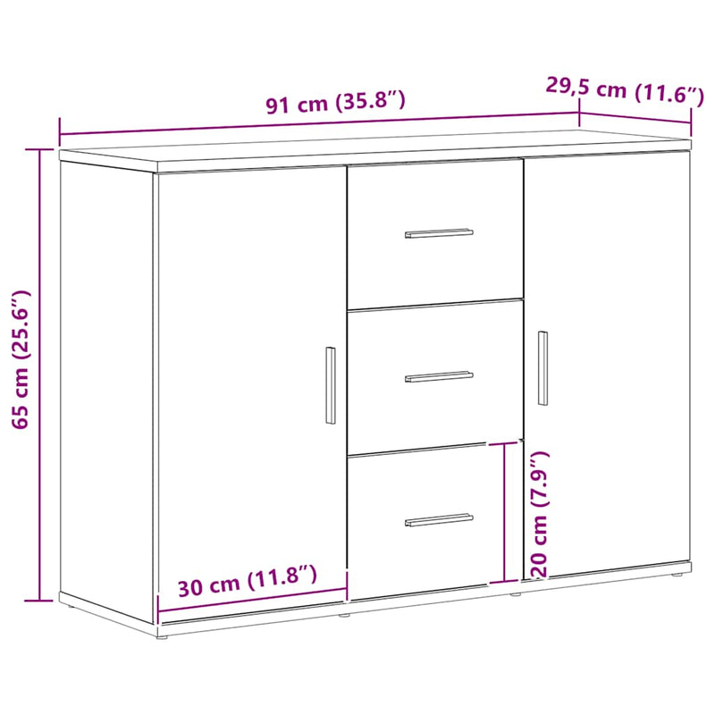 vidaXL fekete tölgyszínű szerelt fa tálalószekrény 91 x 29,5 x 65 cm