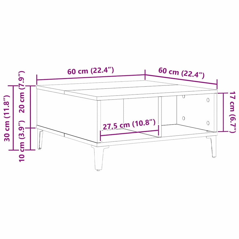 vidaXL Dohányzóasztal kézműves tölgy 60 x 60 x 30 cm Faanyag