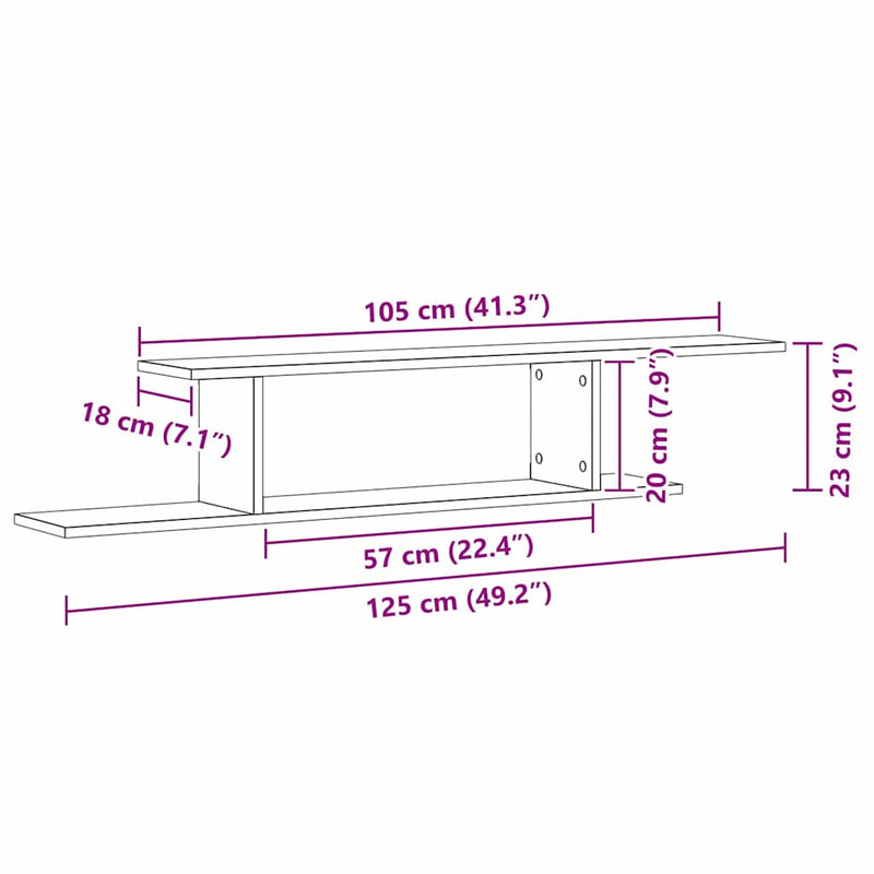 vidaXL Fali TV Polc polcokkal Fekete tölgy 125 x 18 x 23 cm Faanyag
