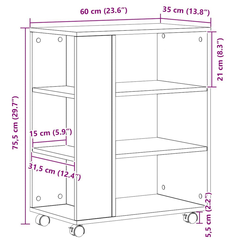 vidaXL Tárolószekrény kerékkel Musta tammi 60 x 35 x 75 cm Faanyag