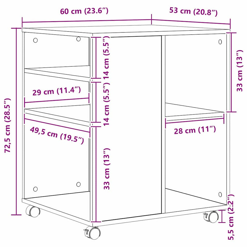 vidaXL Tárolószekrény kerékkel Musta tammi 60 x 53 x 72.5 cm Faanyag