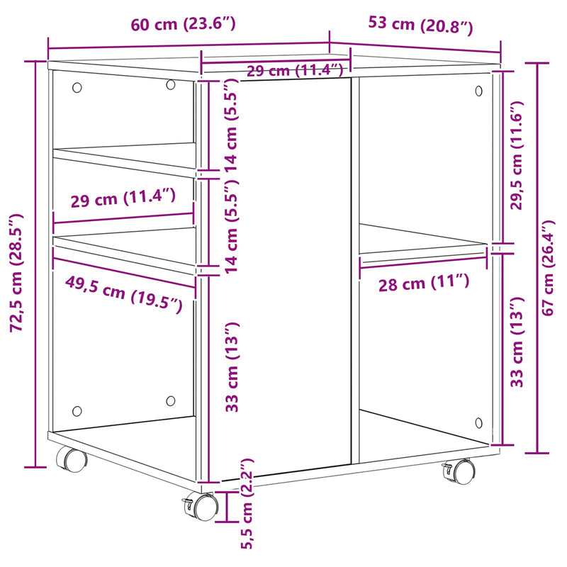 vidaXL Tárolószekrény kerékkel Fekete tölgy 60 x 53 x 72,5 cm Faanyag