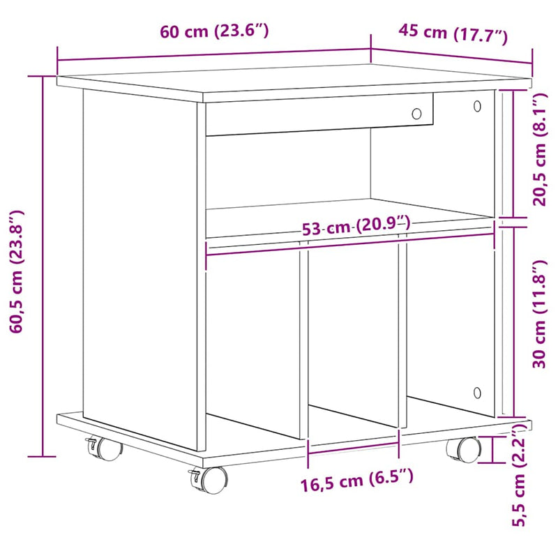 vidaXL Görgős szekrény kerékkel Musta tammi 60 x 45 x 55 cm Faanyag