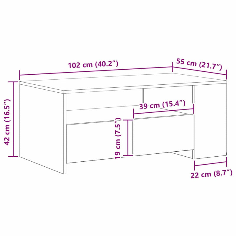 vidaXL Dohányzóasztal kézműves tölgy 102 x 55 x 43.5 cm Faanyag