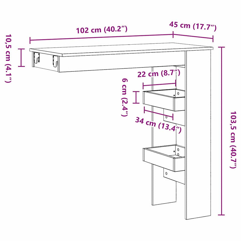 vidaXL Fali bárasztal Fekete tölgy 102 x 45 x 103,5 cm Faanyag