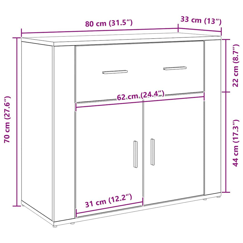 vidaXL Oldal fiókkal Fekete tölgy 80 x 33 x 70 cm Faanyag