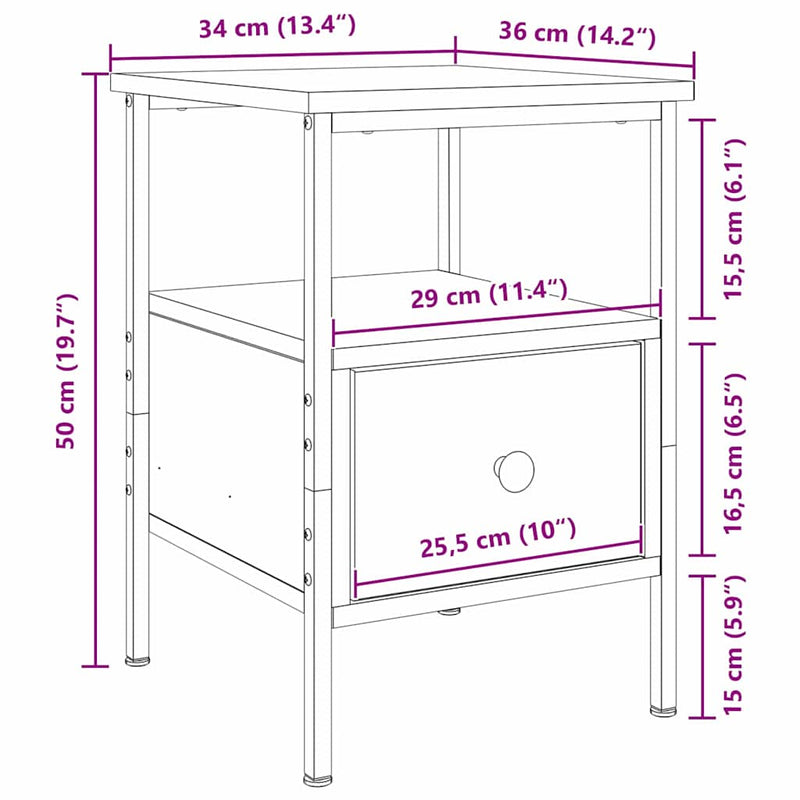 vidaXL Éjjeli szekrény Musta tammi 34 x 36 x 50 cm Műgyantás fa és fém