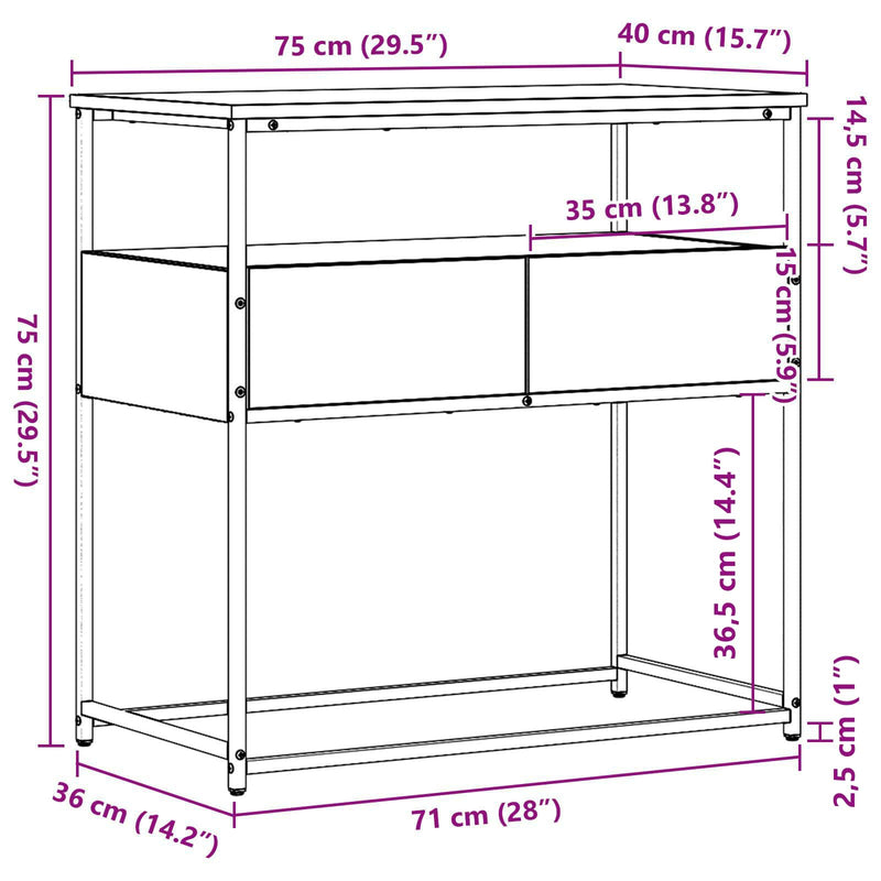 vidaXL Konzolasztal fiókkal Fekete tölgy 75 x 40 x 75 cm Faanyag