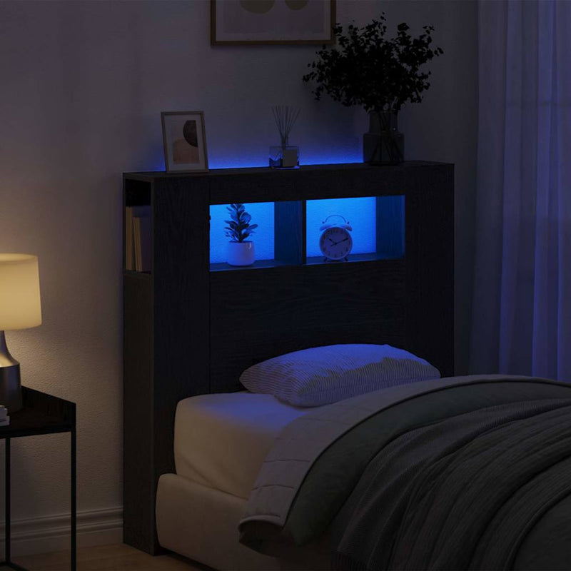 vidaXL LED ágytámla Fekete tölgy 100 x 18,5 x 103,5 cm Faanyag