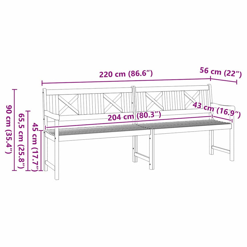 vidaXL Kerti pad Barna 220 x 56 x 90cm Tömör akácfa