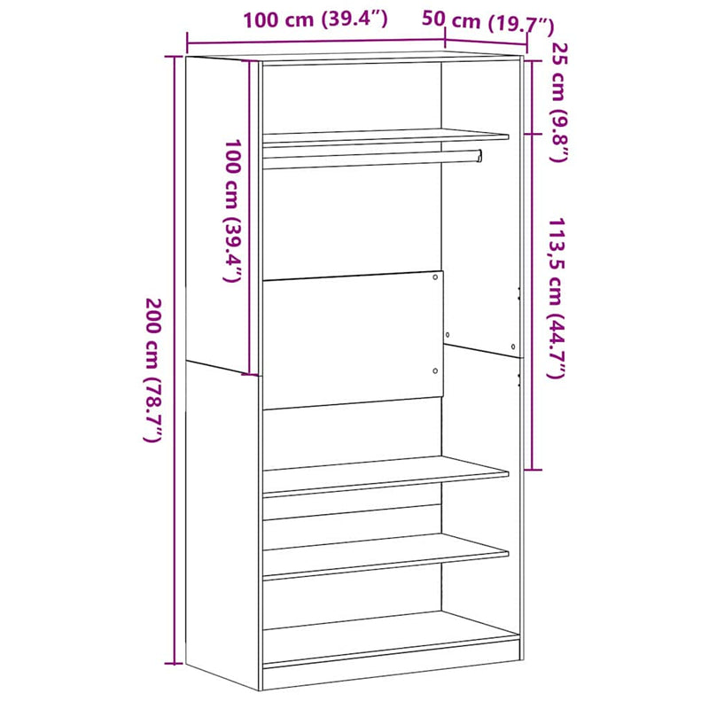 vidaXL Ruhásszekrény polcokkal Musta tammi 100 x 50 x 200 cm Faanyag