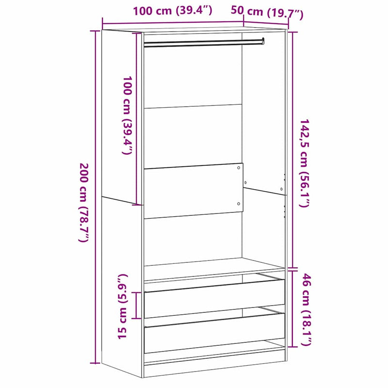 vidaXL Ruhásszekrény fiókkal Musta tammi 100 x 50 x 200 cm Faanyag