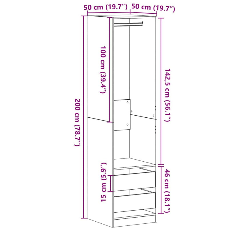 vidaXL Ruhásszekrény fiókkal Musta tammi 50 x 50 x 200 cm Faanyag