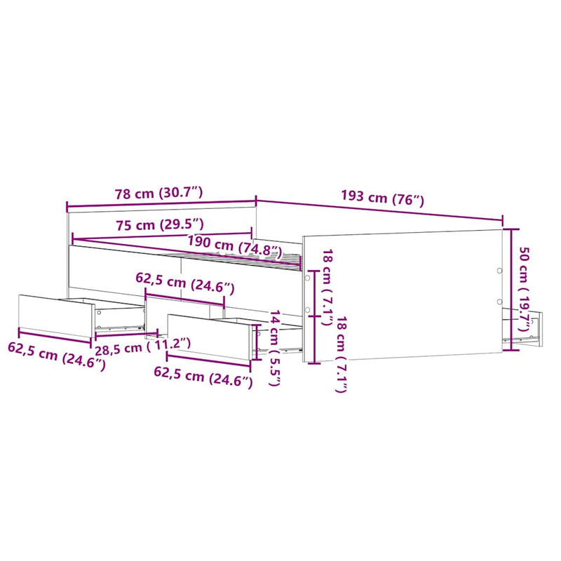 vidaXL Ágykeret fejtámlával fiókkal Régi fa 75 x 190 cm Faanyag