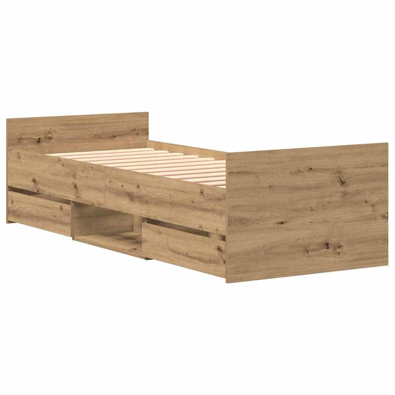 vidaXL Ágykeret fejtámlával fiókkal kézműves tölgy 75 x 190 cm Faanyag