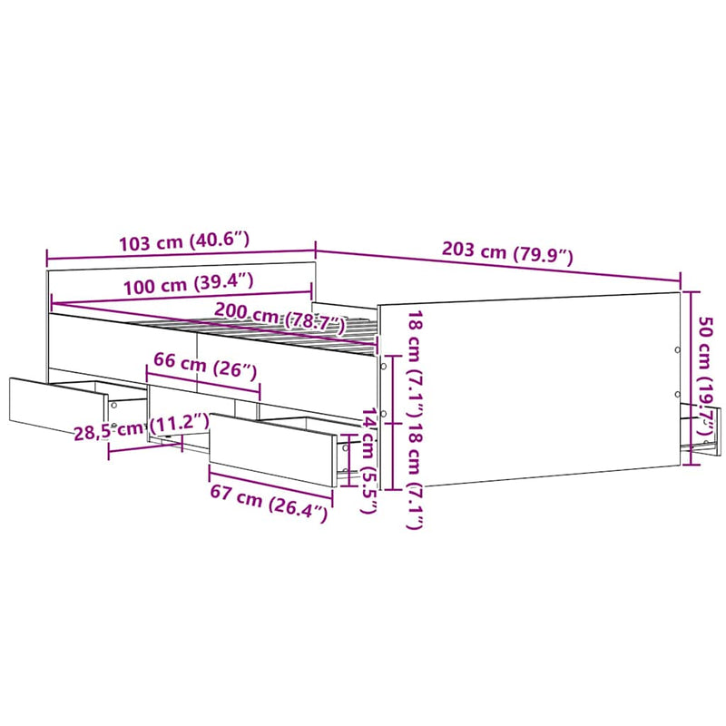 vidaXL Ágykeret fejtámlával fiókkal Musta tammi 100 x 200 cm Faanyag