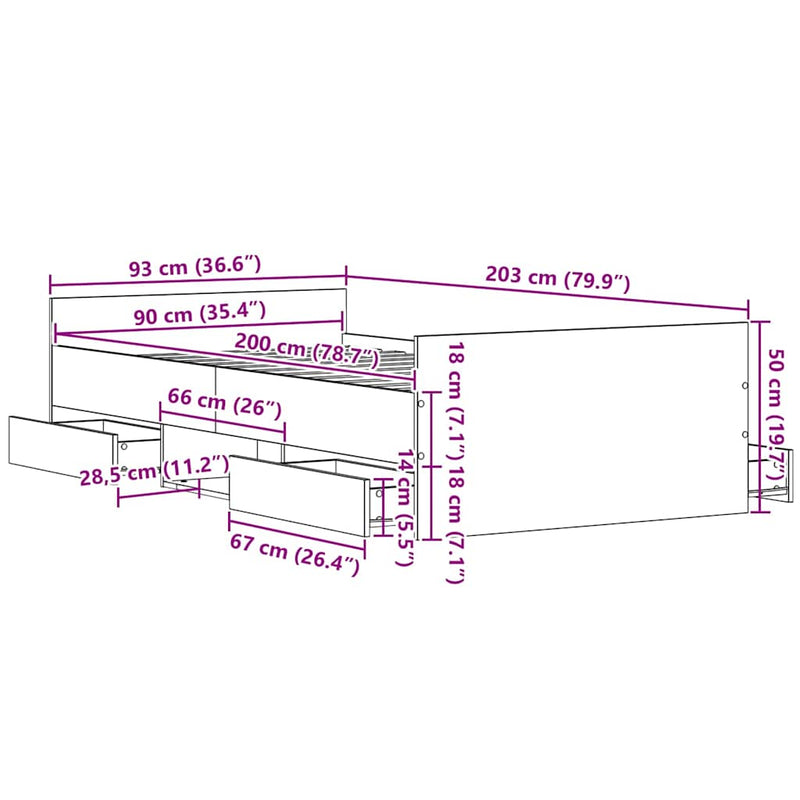 vidaXL Ágykeret fejtámlával fiókkal Musta tammi 90 x 200 cm Faanyag