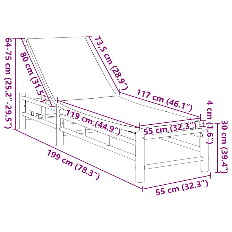 vidaXL Bambusz napozóágy párnákkal 55x199x30 cm