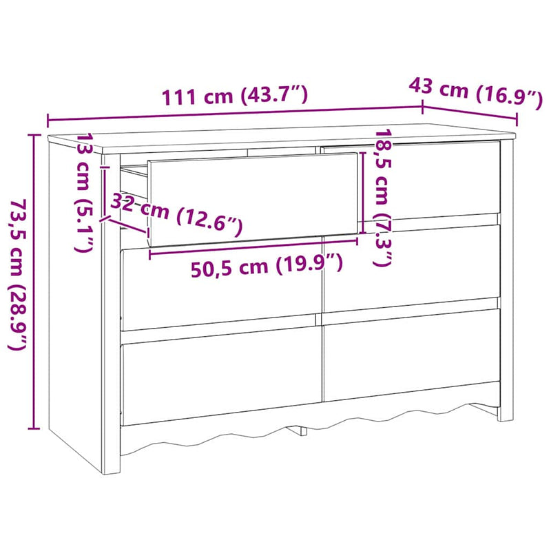 vidaXL Fiókos Szekrény fiókkal Fehér 111 x 43 x 73.5 cm Tömör fenyőfa
