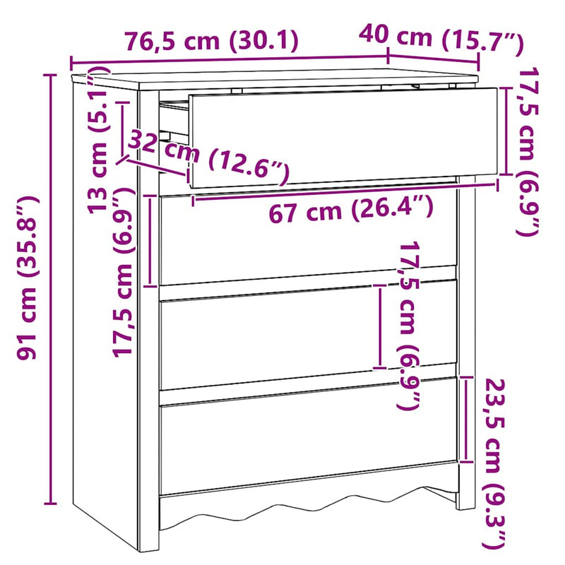 vidaXL Fiókos szekrény fiókkal Fehér 76.5 x 40 x 91 cm Tömör fenyőfa