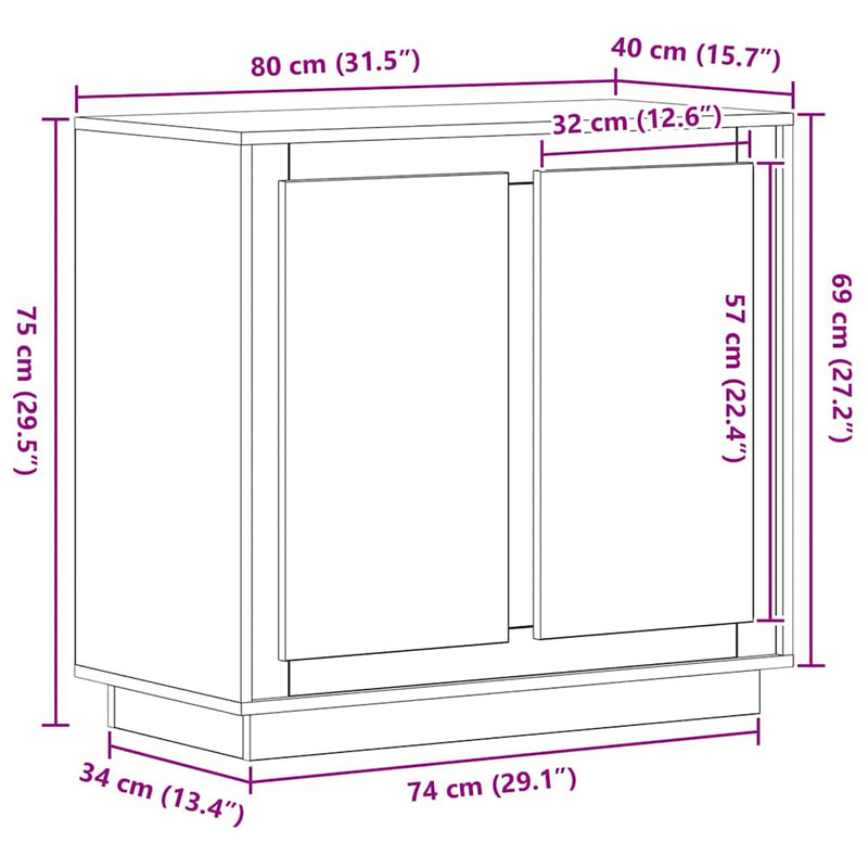 vidaXL Modern Büfé Oldalszekrény Musta tammi 80 x 34 x 75 cm Faanyag