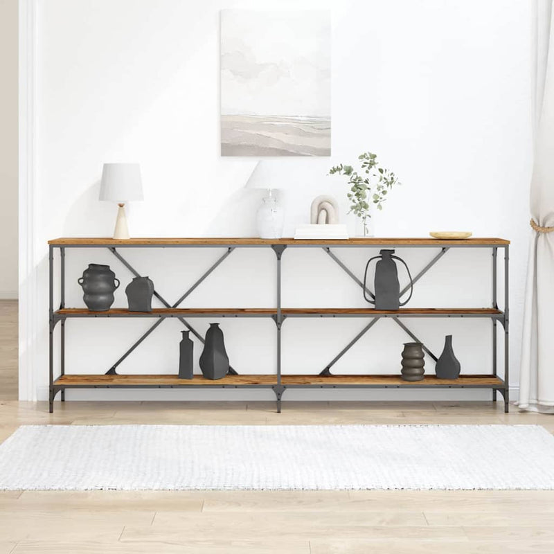 vidaXL Konzolasztal polcokkal Egyéb tárolóval Öreg fa 180 x 30 x 75 cm