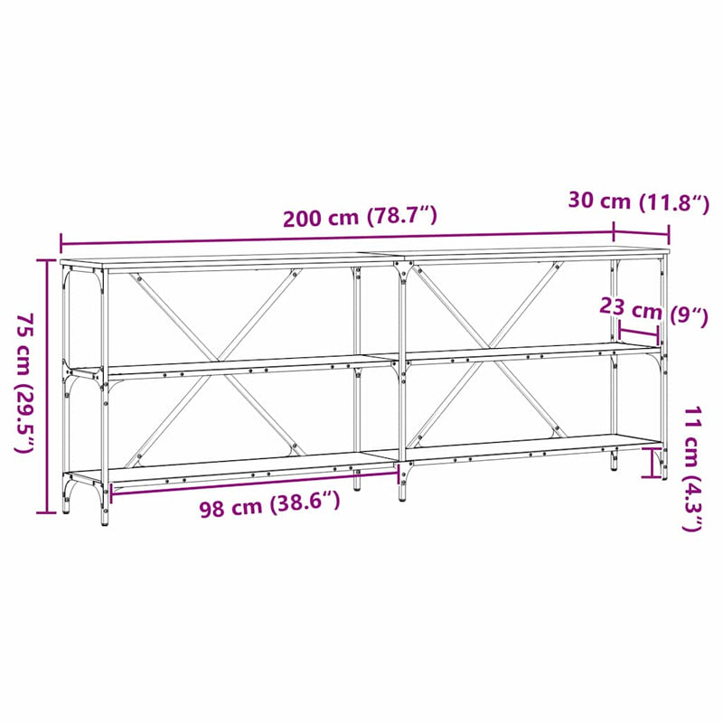 vidaXL Konzolasztal polcokkal Barna 200 x 30 x 75 cm Faanyag