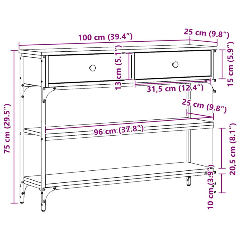 vidaXL Konzolasztal fiókkal polcokkal kézműves tölgy 100 x 25 x 75 cm