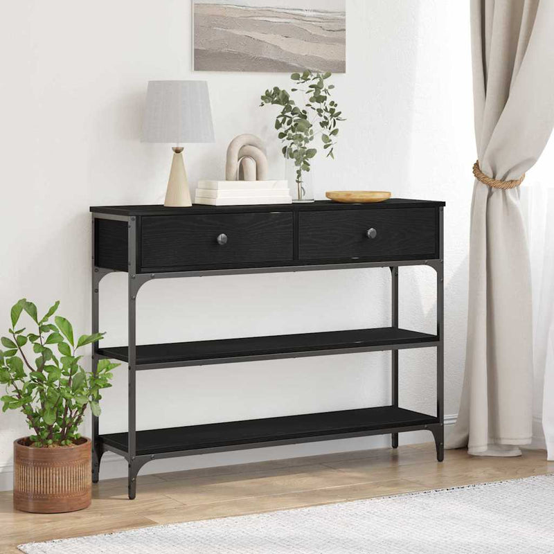 vidaXL Konzolasztal Musta tammi 100 x 25 x 75 cm Műgyantás fa és fém