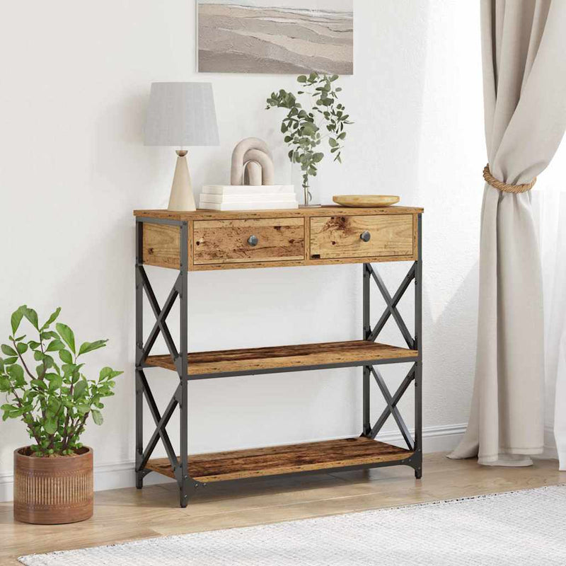 vidaXL Konzol Asztal Régi fa 75 x 28 x 75 cm Műgyantás fa és fém